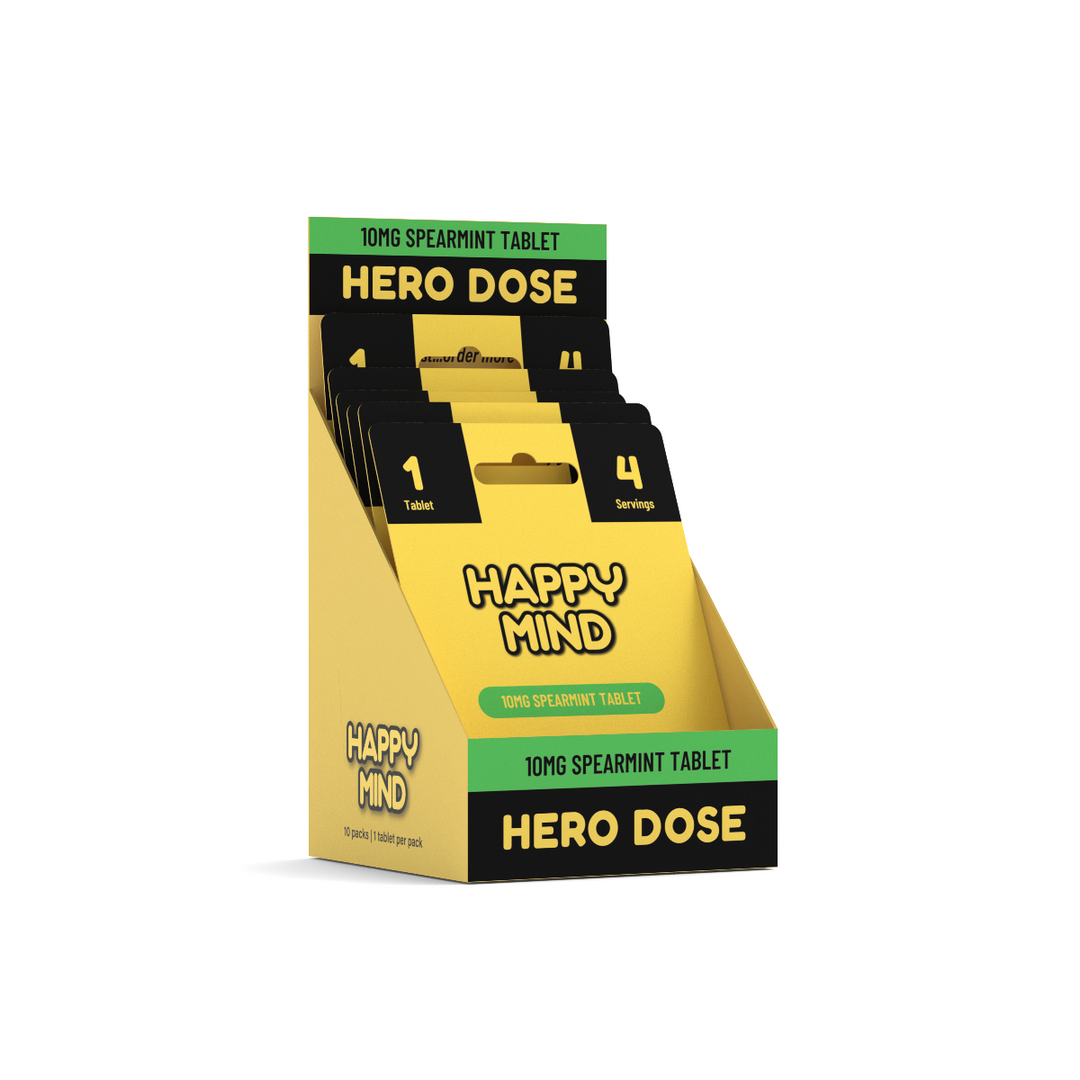 Hero Dose packaging for Happy Mind tablets on a white background