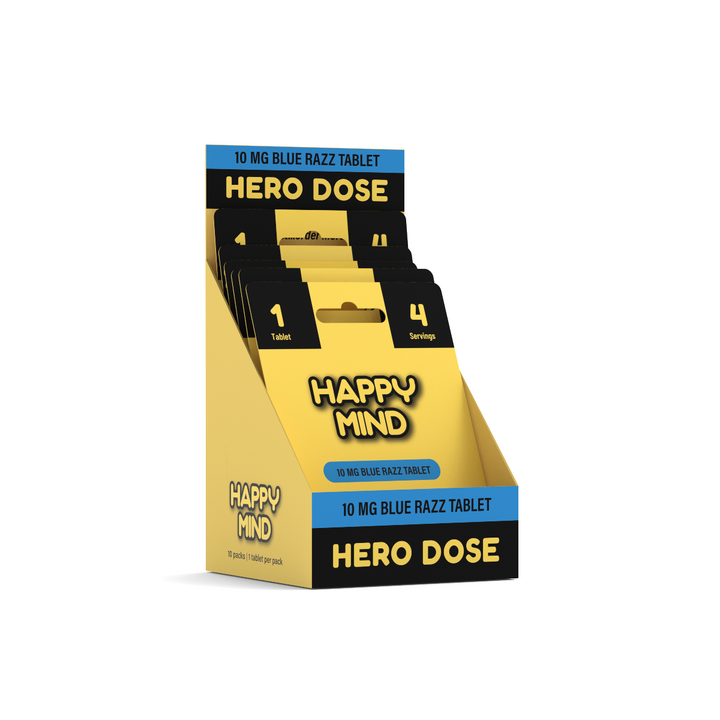 Hero Dose packaging for Happy Mind tablets on a white background